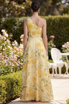 Buttergelbes, einschulterig, gefaltetes Blumenmuster A-Linie Maxikleid