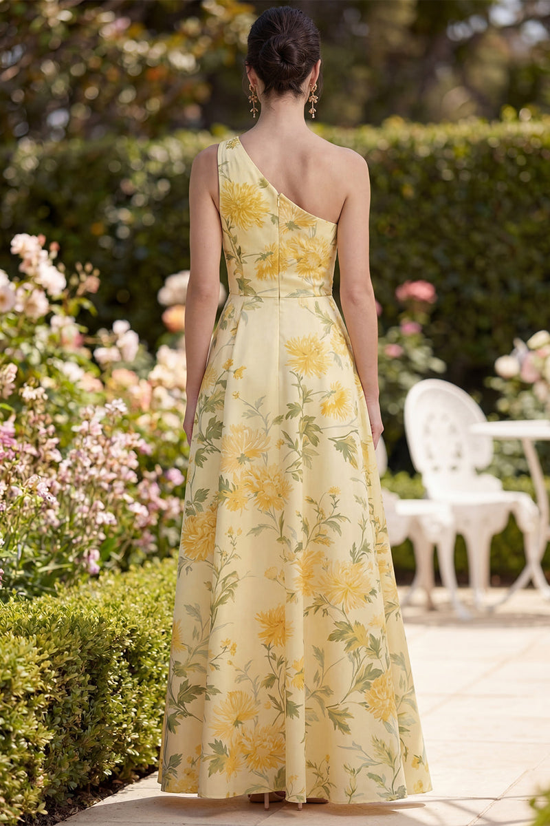 Laden Sie das Bild in den Galerie-Viewer, Buttergelbes, einschulterig, gefaltetes Blumenmuster A-Linie Maxikleid