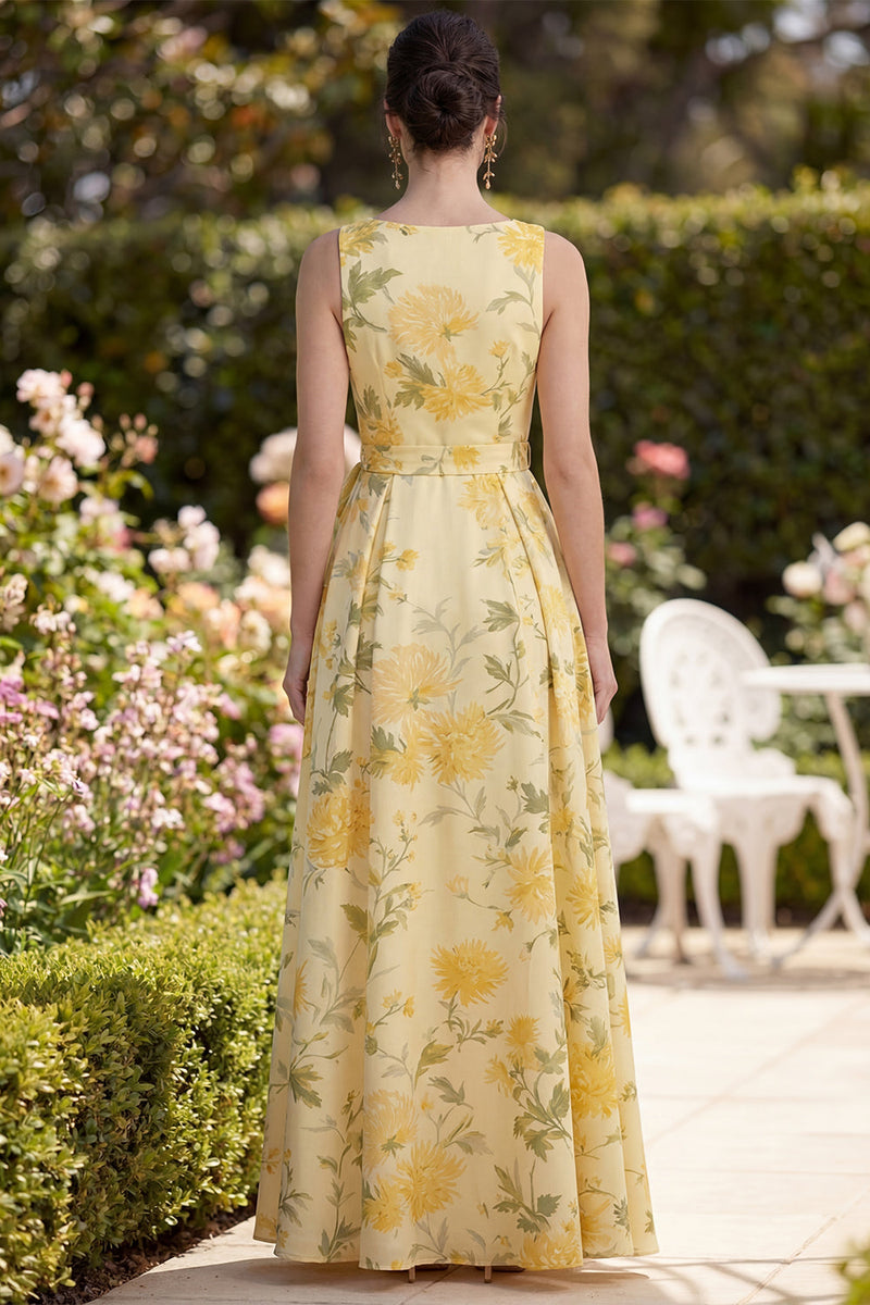 Laden Sie das Bild in den Galerie-Viewer, Buttergelbes V-Ausschnitt mit gerafftem A-Linie Maxi-Blumenkleid mit Schlitz