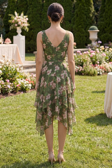 Dunkelgrünes Blumen-V-Ausschnitt mit gerafftem A-Linie asymmetrisches Midi-Kleid mit Rüschen