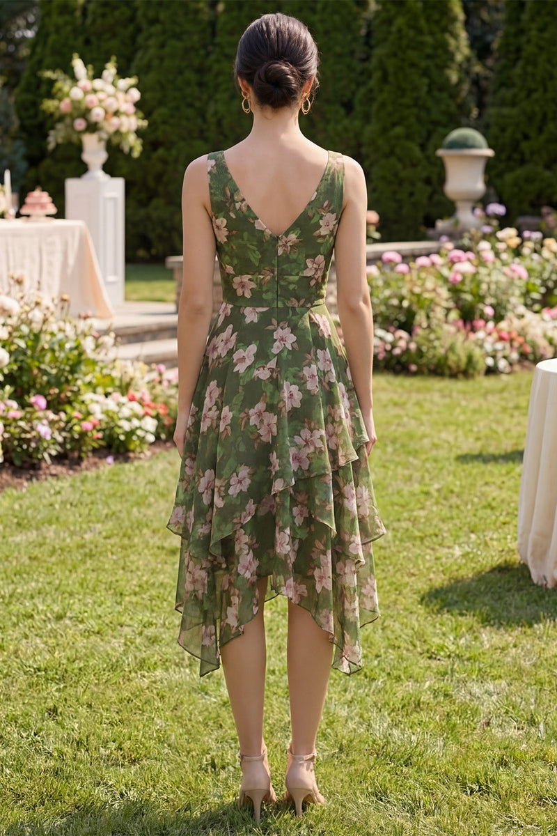 Laden Sie das Bild in den Galerie-Viewer, Dunkelgrünes Blumen-V-Ausschnitt mit gerafftem A-Linie asymmetrisches Midi-Kleid mit Rüschen