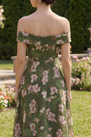 Laden Sie das Bild in den Galerie-Viewer, Blumiges dunkelgrünes A-Linien-Midi-Kleid ohne Schulter