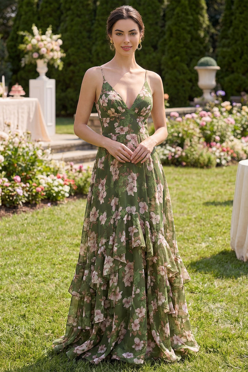 Laden Sie das Bild in den Galerie-Viewer, Dunkelgrünes Blumen-A-Linie Spaghettiträger-Maxikleid mit Rüschen