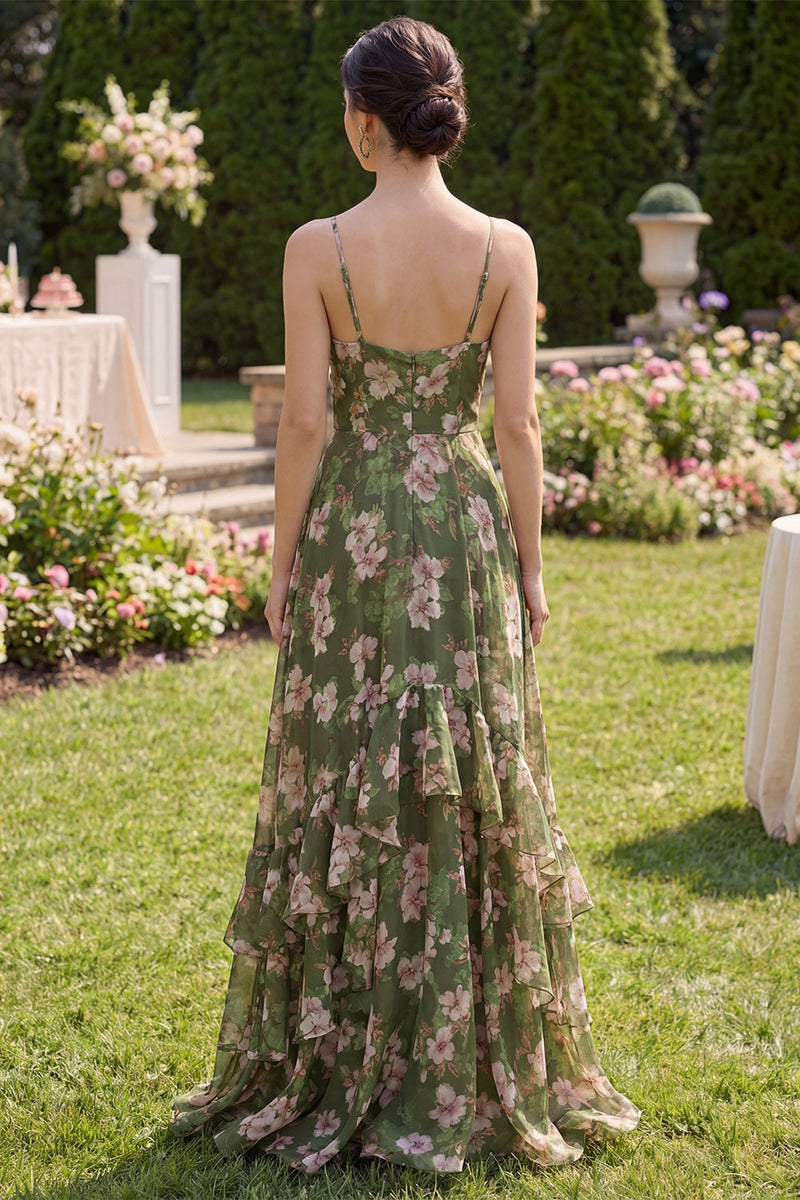 Laden Sie das Bild in den Galerie-Viewer, Dunkelgrünes Blumen-A-Linie Spaghettiträger-Maxikleid mit Rüschen