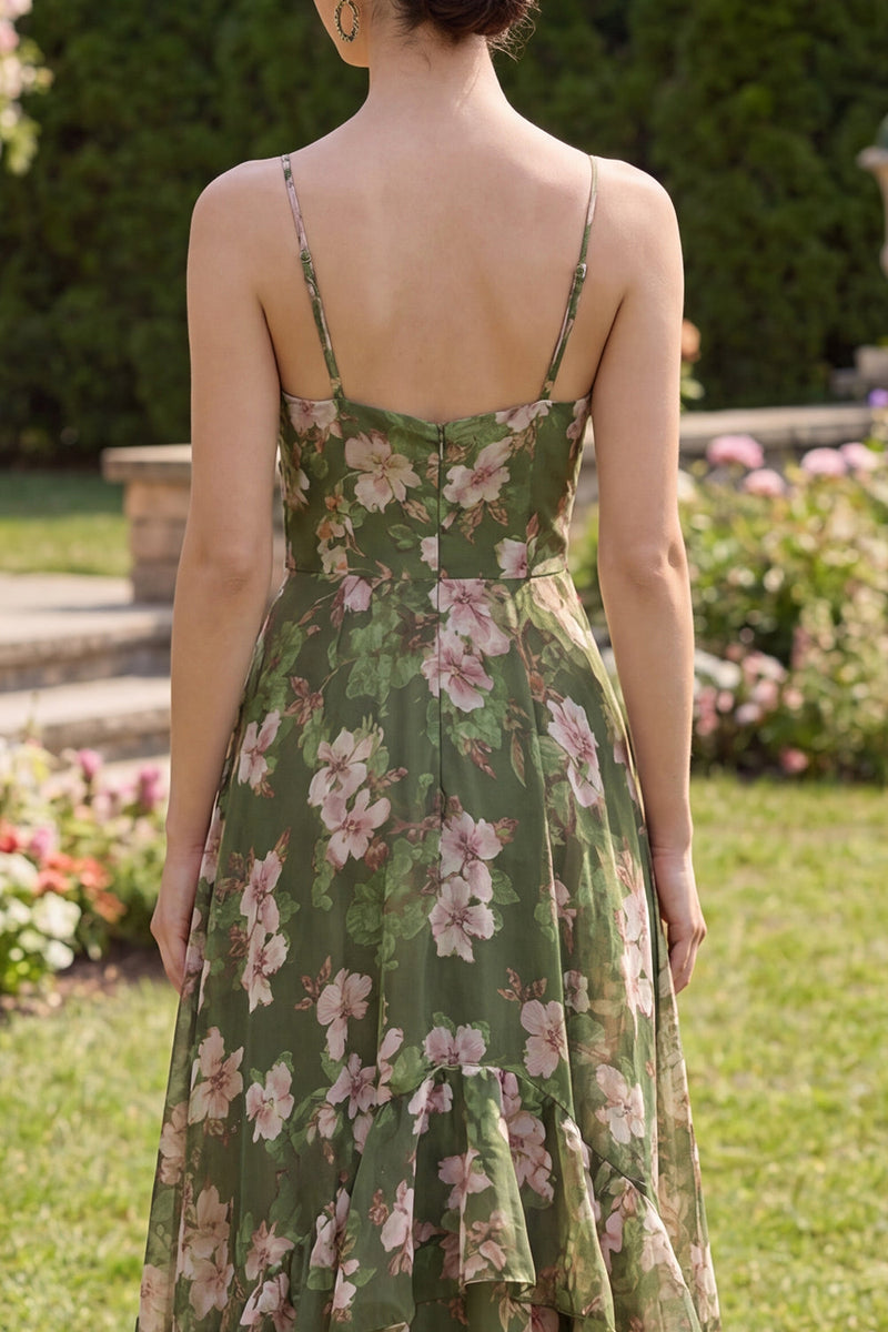 Laden Sie das Bild in den Galerie-Viewer, Dunkelgrünes Blumen-A-Linie Spaghettiträger-Maxikleid mit Rüschen