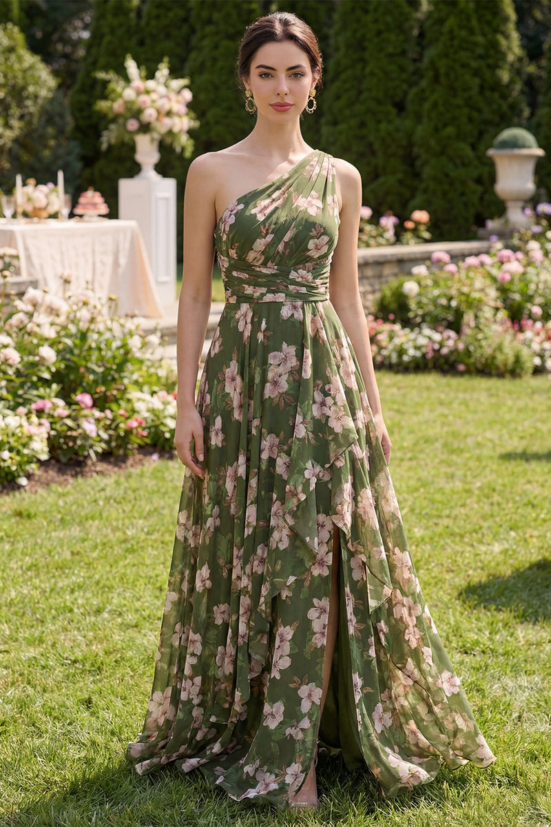 Laden Sie das Bild in den Galerie-Viewer, Dunkelgrünes, geblümtes Maxikleid mit Rüschen, Rüschen, A-Linie und Schlitz