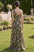 Laden Sie das Bild in den Galerie-Viewer, Dunkelgrünes, geblümtes Maxikleid mit Rüschen, Rüschen, A-Linie und Schlitz