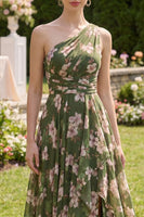 Laden Sie das Bild in den Galerie-Viewer, Dunkelgrünes, geblümtes Maxikleid mit Rüschen, Rüschen, A-Linie und Schlitz
