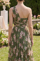Laden Sie das Bild in den Galerie-Viewer, Dunkelgrünes, geblümtes Maxikleid mit Rüschen, Rüschen, A-Linie und Schlitz