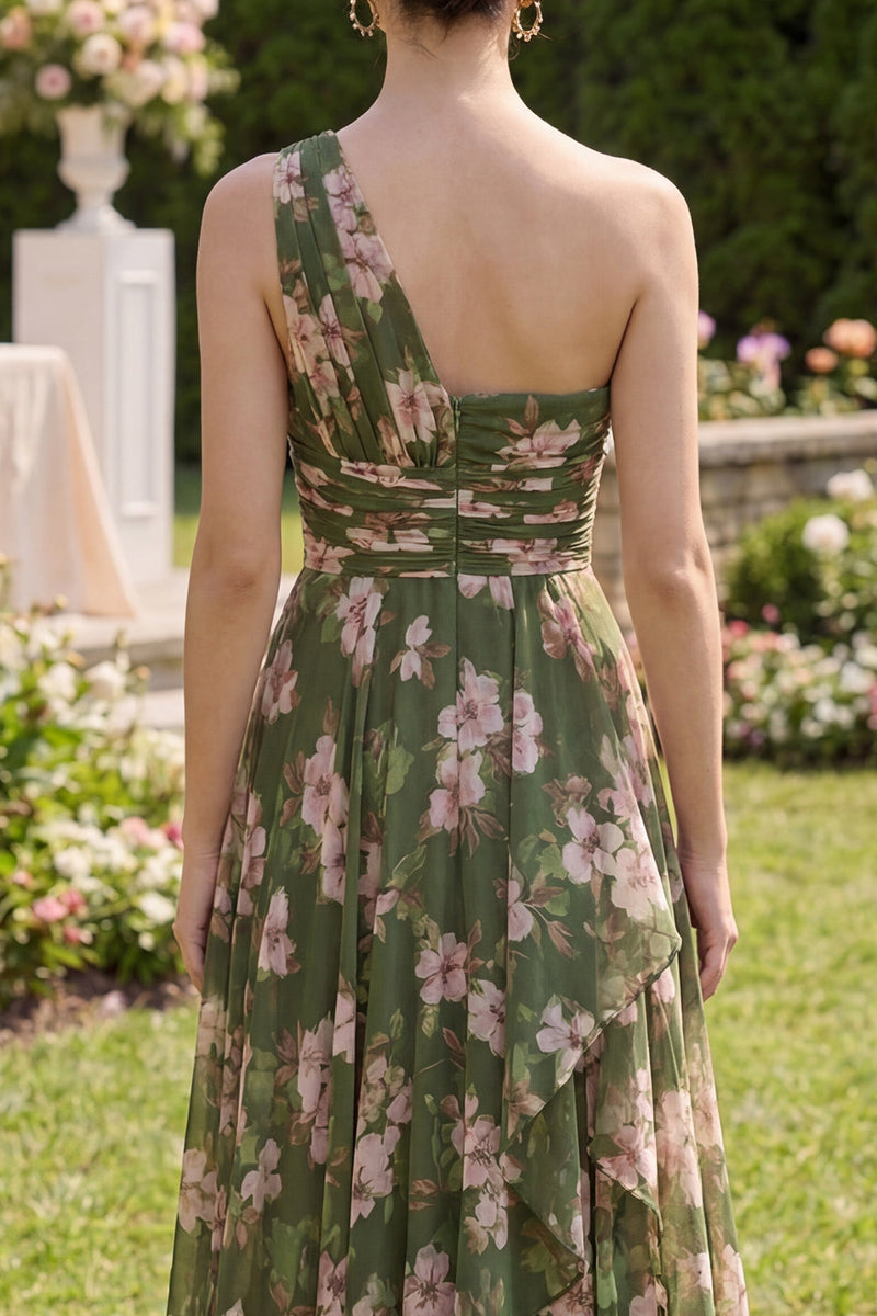 Laden Sie das Bild in den Galerie-Viewer, Dunkelgrünes, geblümtes Maxikleid mit Rüschen, Rüschen, A-Linie und Schlitz