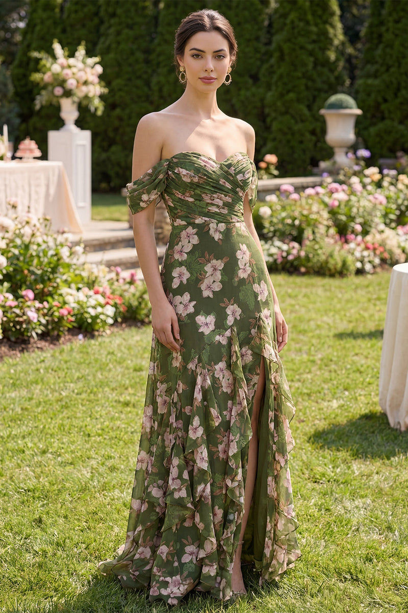 Laden Sie das Bild in den Galerie-Viewer, Dunkelgrünes, gerafftes A-Linie Maxi-Blumenkleid mit Rüschen