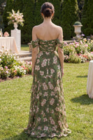 Laden Sie das Bild in den Galerie-Viewer, Dunkelgrünes, gerafftes A-Linie Maxi-Blumenkleid mit Rüschen