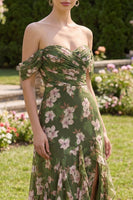 Laden Sie das Bild in den Galerie-Viewer, Dunkelgrünes, gerafftes A-Linie Maxi-Blumenkleid mit Rüschen
