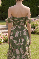 Laden Sie das Bild in den Galerie-Viewer, Dunkelgrünes, gerafftes A-Linie Maxi-Blumenkleid mit Rüschen