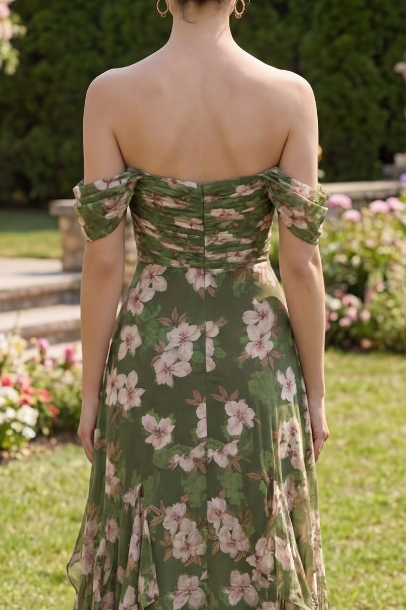 Laden Sie das Bild in den Galerie-Viewer, Dunkelgrünes, gerafftes A-Linie Maxi-Blumenkleid mit Rüschen