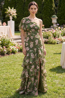 Laden Sie das Bild in den Galerie-Viewer, Dunkelgrünes Blumen-A-Linie Flatter-Ärmel-Maxikleid mit Rüschen