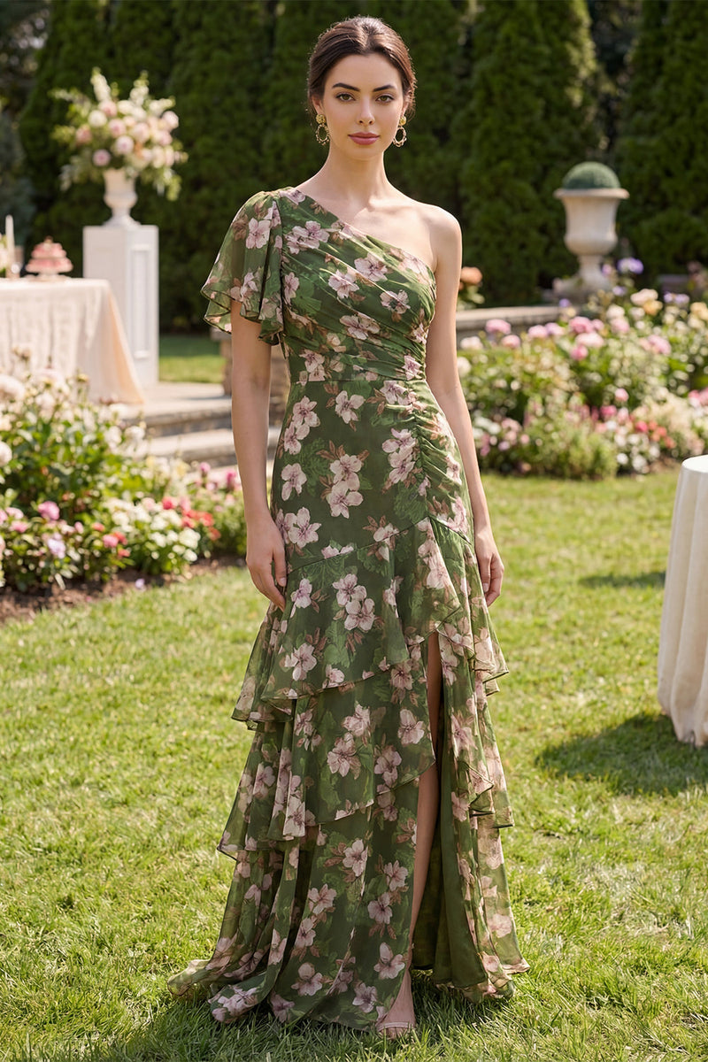 Laden Sie das Bild in den Galerie-Viewer, Dunkelgrünes Blumen-A-Linie Flatter-Ärmel-Maxikleid mit Rüschen