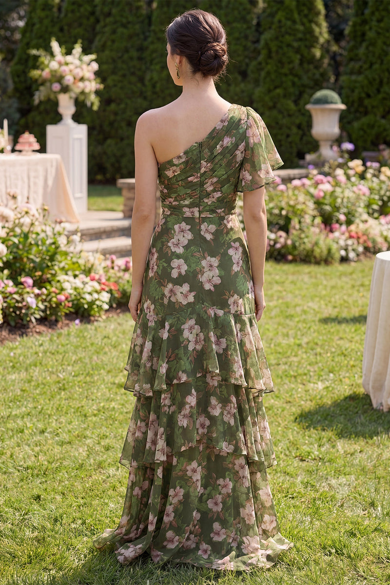Laden Sie das Bild in den Galerie-Viewer, Dunkelgrünes Blumen-A-Linie Flatter-Ärmel-Maxikleid mit Rüschen