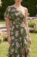 Laden Sie das Bild in den Galerie-Viewer, Dunkelgrünes Blumen-A-Linie Flatter-Ärmel-Maxikleid mit Rüschen
