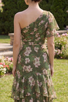 Laden Sie das Bild in den Galerie-Viewer, Dunkelgrünes Blumen-A-Linie Flatter-Ärmel-Maxikleid mit Rüschen