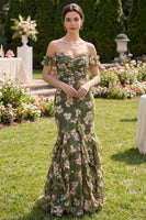Laden Sie das Bild in den Galerie-Viewer, Dunkelgrünes Blumen-Meerjungfrauen-Maxikleid mit Rüschen