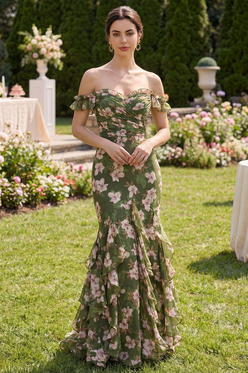 Laden Sie das Bild in den Galerie-Viewer, Dunkelgrünes Blumen-Meerjungfrauen-Maxikleid mit Rüschen