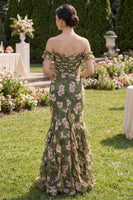 Laden Sie das Bild in den Galerie-Viewer, Dunkelgrünes Blumen-Meerjungfrauen-Maxikleid mit Rüschen