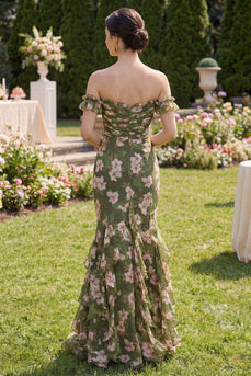 Dunkelgrünes Blumen-Meerjungfrauen-Maxikleid mit Rüschen