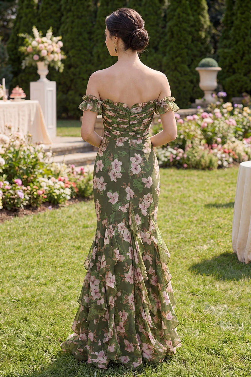 Laden Sie das Bild in den Galerie-Viewer, Dunkelgrünes Blumen-Meerjungfrauen-Maxikleid mit Rüschen