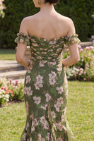 Laden Sie das Bild in den Galerie-Viewer, Dunkelgrünes Blumen-Meerjungfrauen-Maxikleid mit Rüschen