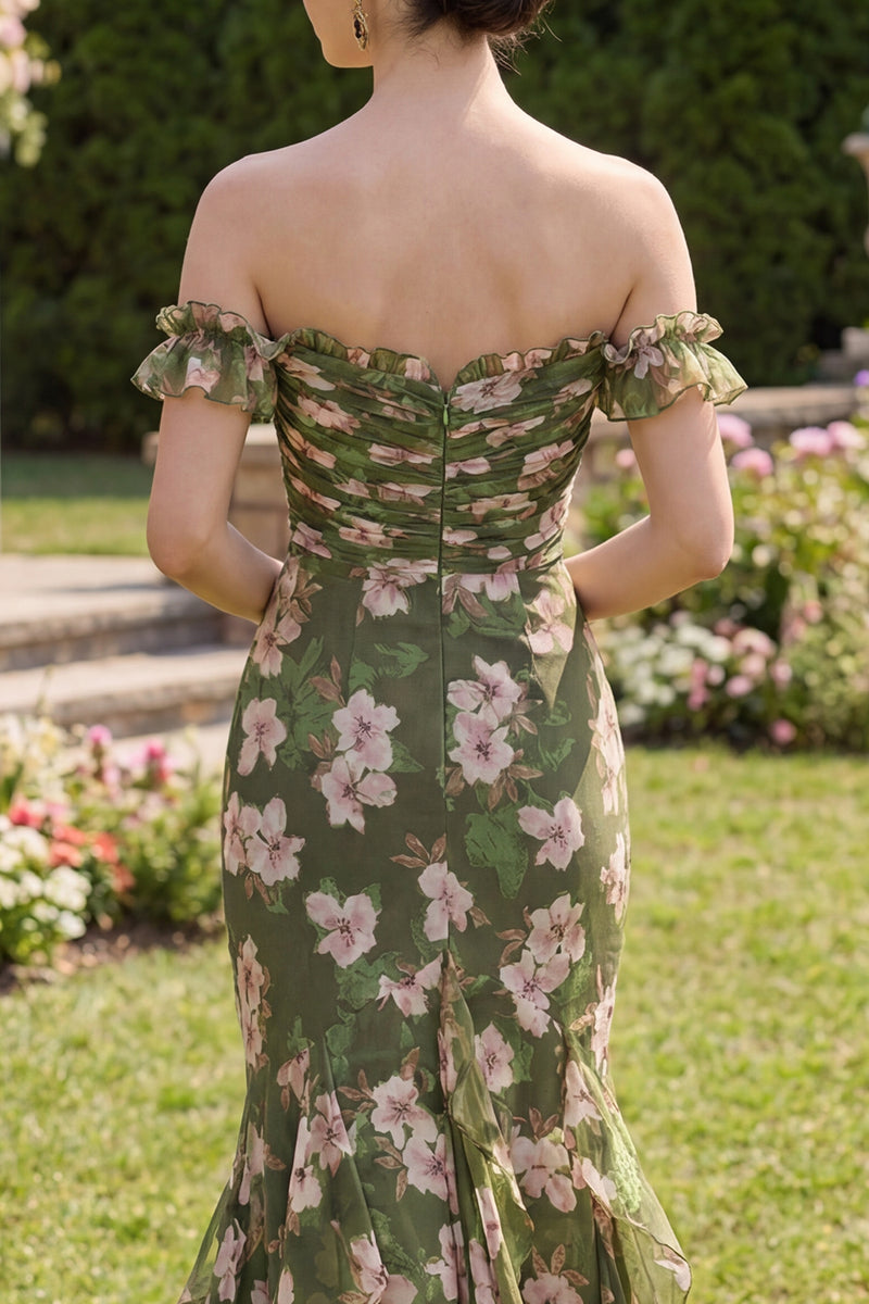 Laden Sie das Bild in den Galerie-Viewer, Dunkelgrünes Blumen-Meerjungfrauen-Maxikleid mit Rüschen