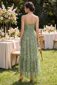 Staubiges grünes, gerafftes V-Ausschnitt-Kleid mit hohem tiefem Blumenausschnitt und Rüschen