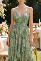 Laden Sie das Bild in den Galerie-Viewer, Staubiges grünes, gerafftes V-Ausschnitt-Kleid mit hohem tiefem Blumenausschnitt und Rüschen