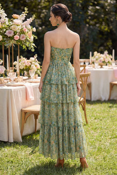Staubiges grünes trägerloses A-Linie Korsett-Maxi-Blumenkleid mit Rüschen