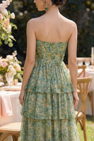 Laden Sie das Bild in den Galerie-Viewer, Staubiges grünes trägerloses A-Linie Korsett-Maxi-Blumenkleid mit Rüschen