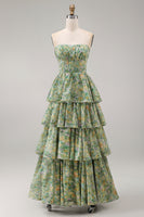 Laden Sie das Bild in den Galerie-Viewer, Staubiges grünes trägerloses A-Linie Korsett-Maxi-Blumenkleid mit Rüschen