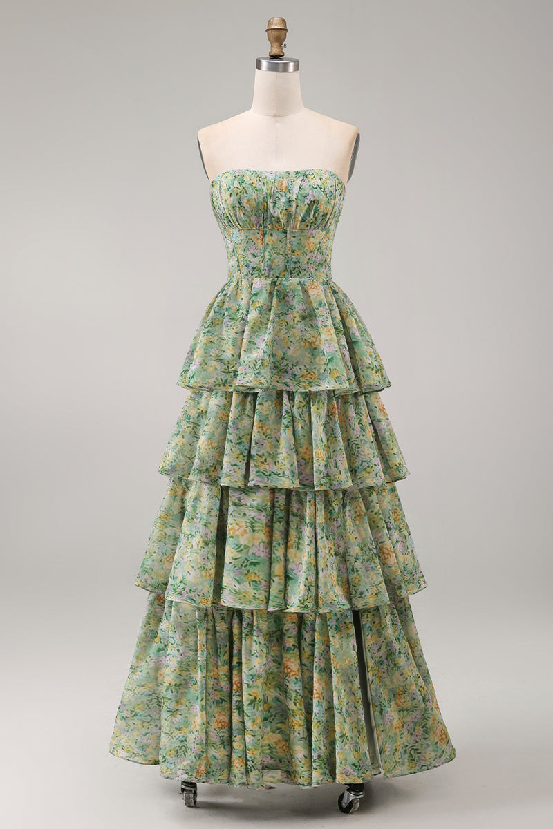 Laden Sie das Bild in den Galerie-Viewer, Staubiges grünes trägerloses A-Linie Korsett-Maxi-Blumenkleid mit Rüschen