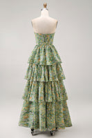Laden Sie das Bild in den Galerie-Viewer, Staubiges grünes trägerloses A-Linie Korsett-Maxi-Blumenkleid mit Rüschen