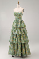 Laden Sie das Bild in den Galerie-Viewer, Staubiges grünes trägerloses A-Linie Korsett-Maxi-Blumenkleid mit Rüschen