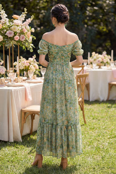 Staubiges grünes, gerafftes Puffärmel Blumenmuster A-Linie Maxikleid mit Schlitz