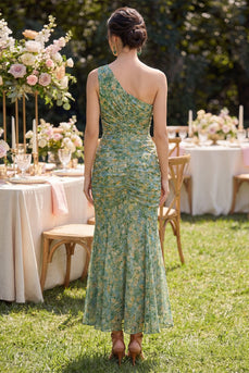 Staubiges grünes gerafftes Meerjungfrauen-Maxikleid mit einer Schuld und Blumen