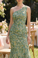 Laden Sie das Bild in den Galerie-Viewer, Staubiges grünes gerafftes Meerjungfrauen-Maxikleid mit einer Schuld und Blumen
