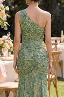 Laden Sie das Bild in den Galerie-Viewer, Staubiges grünes gerafftes Meerjungfrauen-Maxikleid mit einer Schuld und Blumen