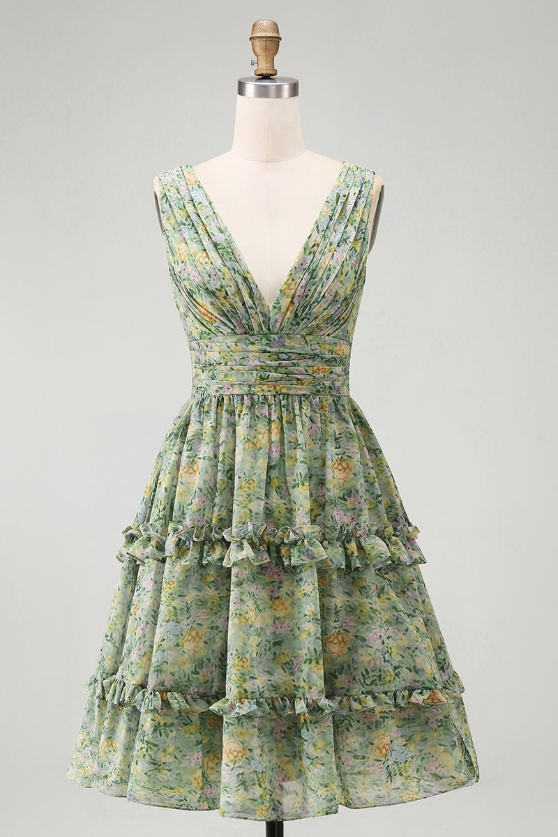 Laden Sie das Bild in den Galerie-Viewer, Staubiges grünes gerafftes V-Ausschnitt-Midi-Kleid mit Rüschen