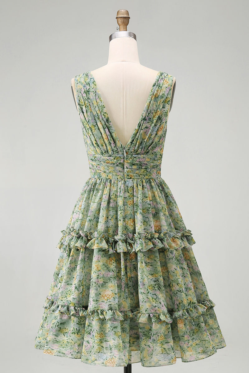 Laden Sie das Bild in den Galerie-Viewer, Staubiges grünes gerafftes V-Ausschnitt-Midi-Kleid mit Rüschen