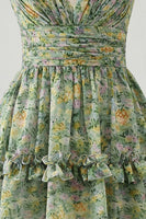 Laden Sie das Bild in den Galerie-Viewer, Staubiges grünes gerafftes V-Ausschnitt-Midi-Kleid mit Rüschen