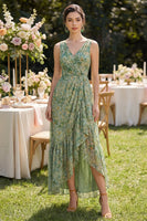 Laden Sie das Bild in den Galerie-Viewer, Staubiges grünes V-Hals-Hemd, hoch, niedriges Blumenkleid mit Rüschen