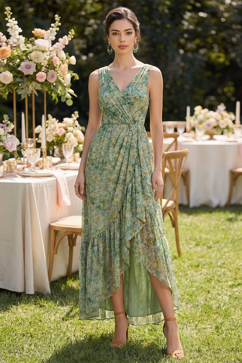 Laden Sie das Bild in den Galerie-Viewer, Staubiges grünes V-Hals-Hemd, hoch, niedriges Blumenkleid mit Rüschen