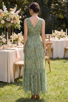 Staubiges grünes V-Hals-Hemd, hoch, niedriges Blumenkleid mit Rüschen