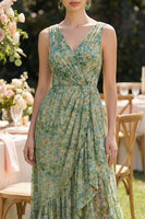 Laden Sie das Bild in den Galerie-Viewer, Staubiges grünes V-Hals-Hemd, hoch, niedriges Blumenkleid mit Rüschen